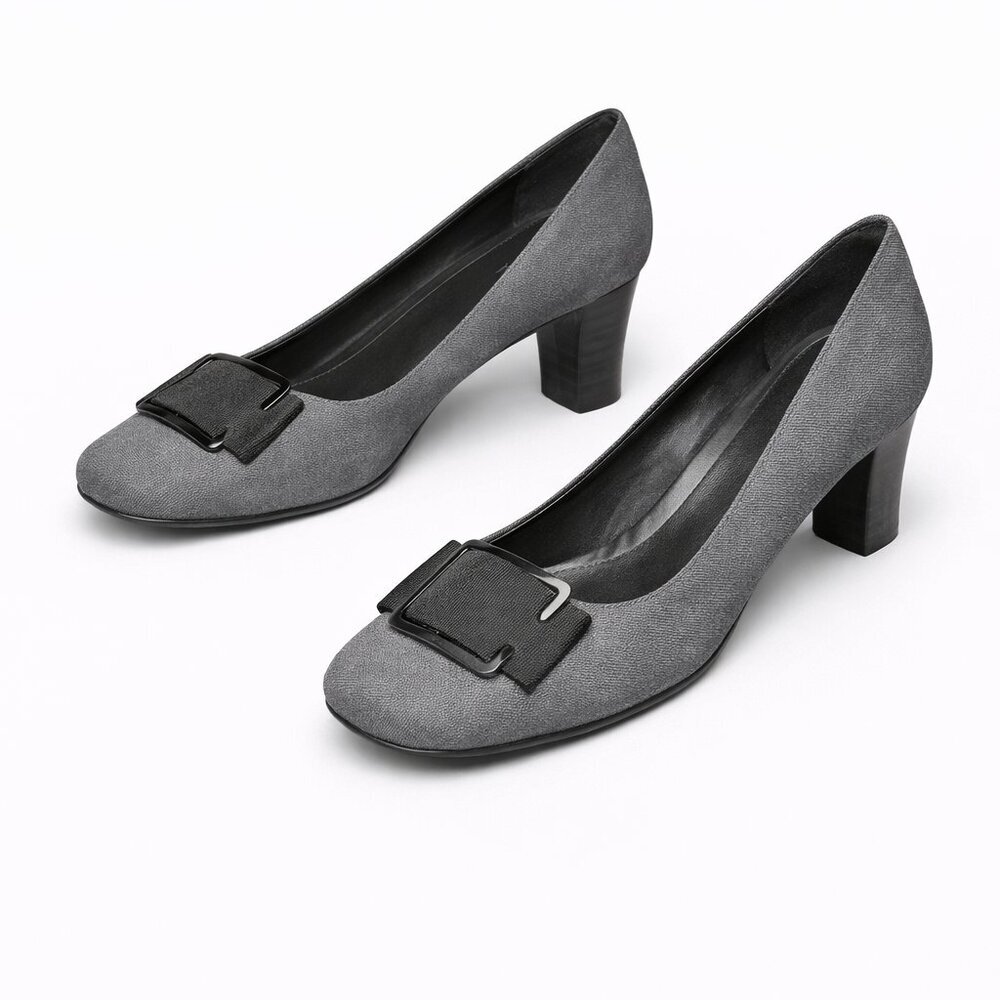 ETIENNE AIGNER Clara Gray Fabric Black Bow Block Heels Pumps Shoes Size 8M